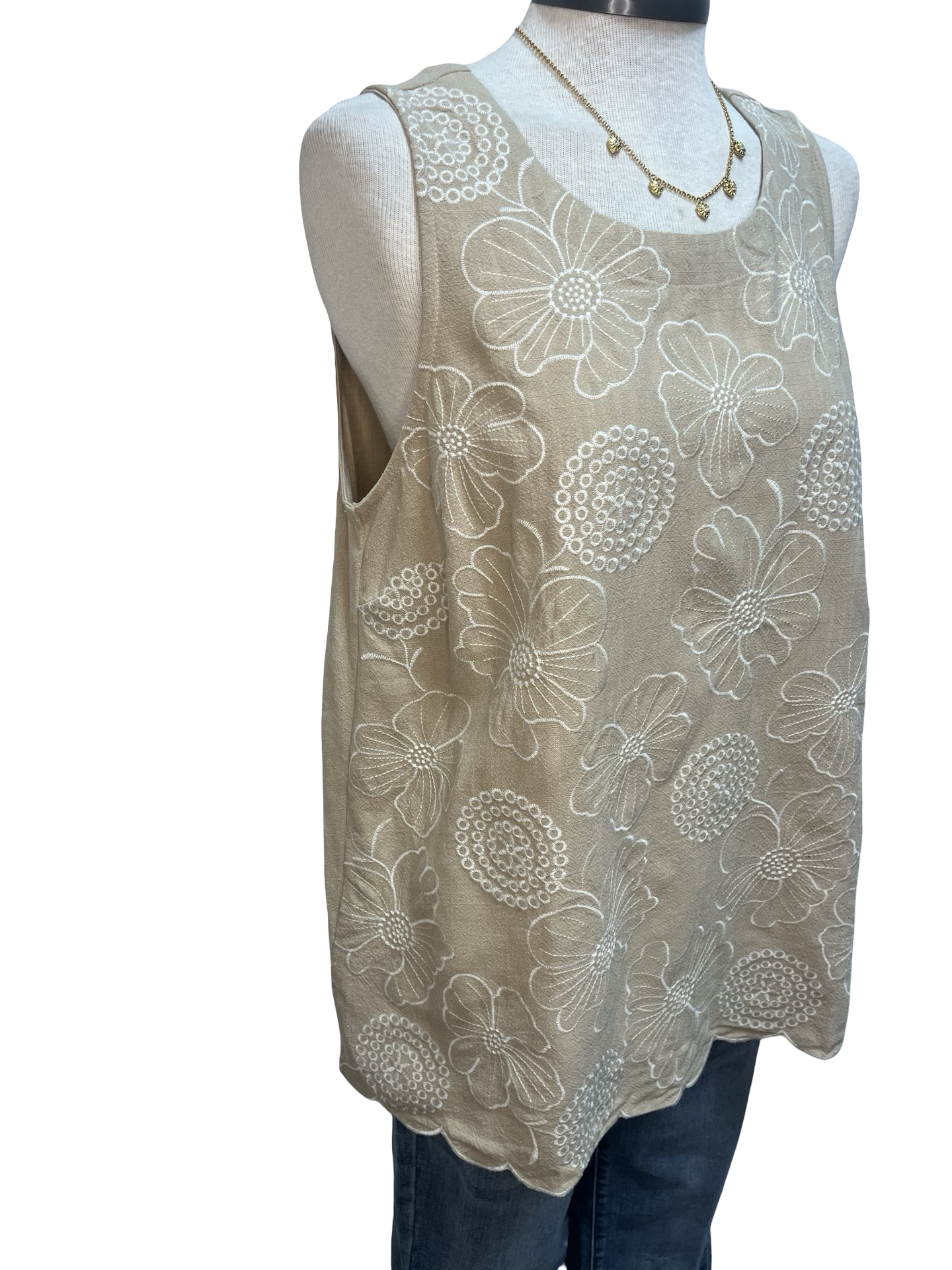Floral Embroidered Sleeveless Top Tan