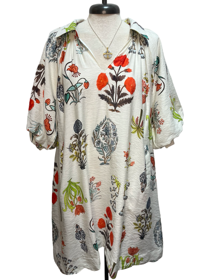 Floral Encyclopedia Print Mini Dress Cream Mix