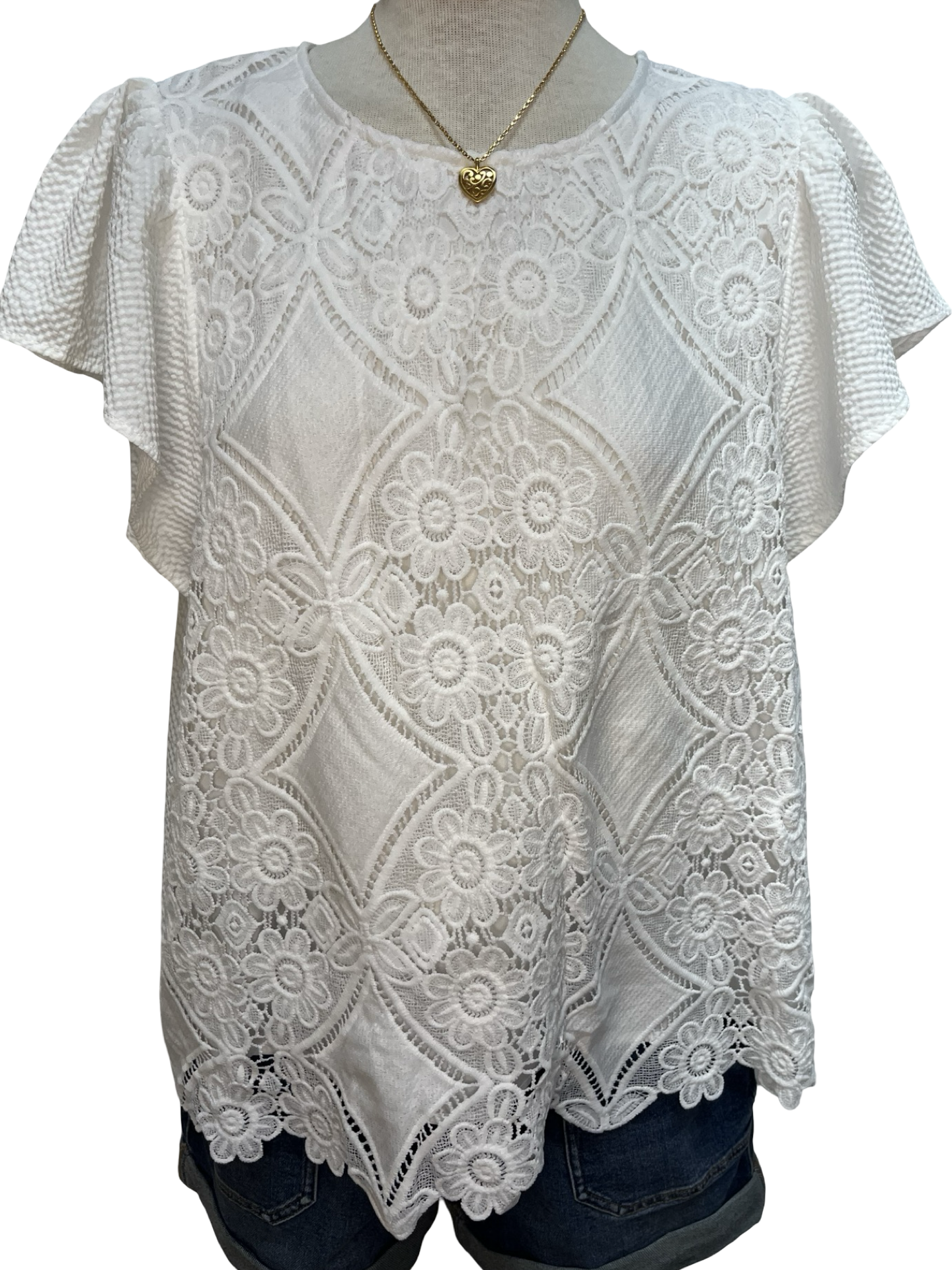 Floral Lace Overlay Flutter Sleeve Top Off White