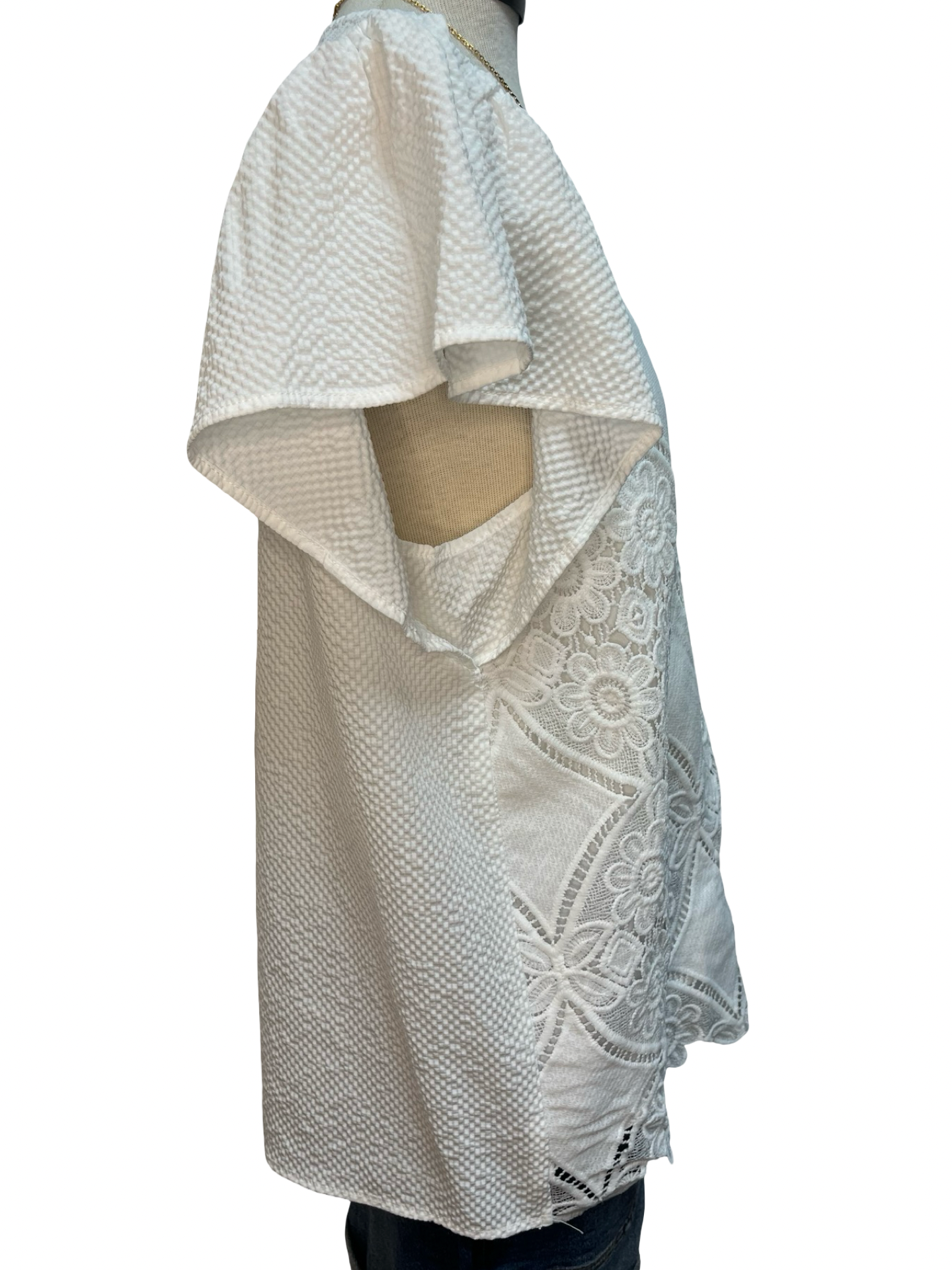 Floral Lace Overlay Flutter Sleeve Top Off White
