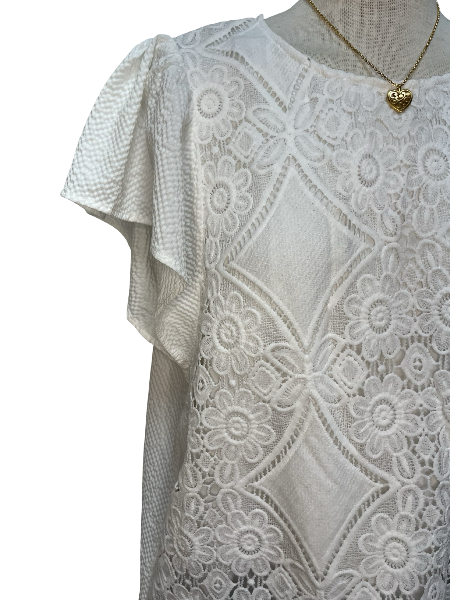 Floral Lace Overlay Flutter Sleeve Top Off White