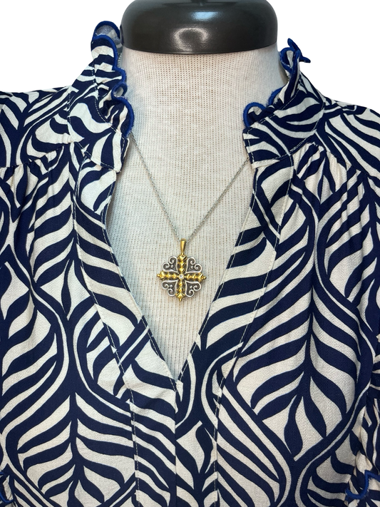 Leaf Print Tiered Midi Dress Navy