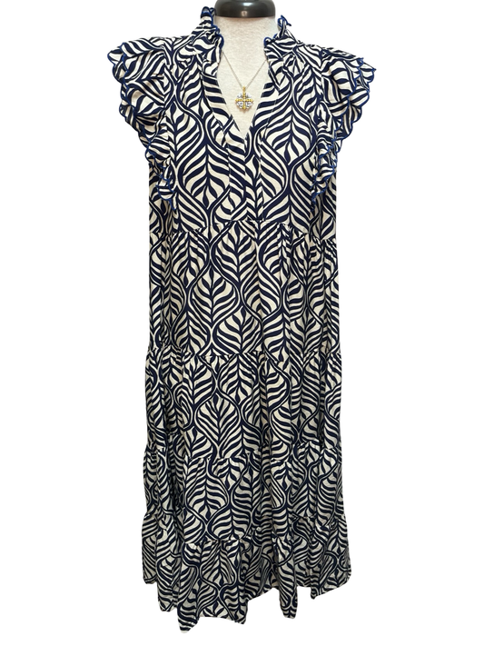 Leaf Print Tiered Midi Dress Navy