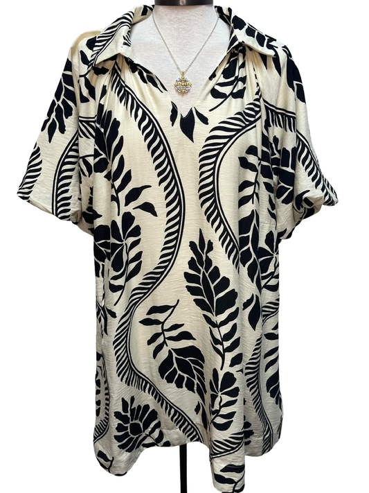 Leafy Ogee Print Mini Dress Cream/Black