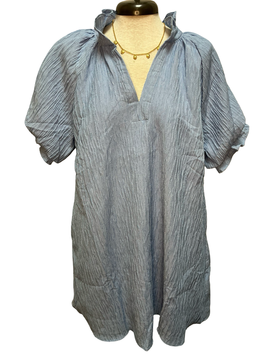 Linen Blend Ruffle Dress Blue