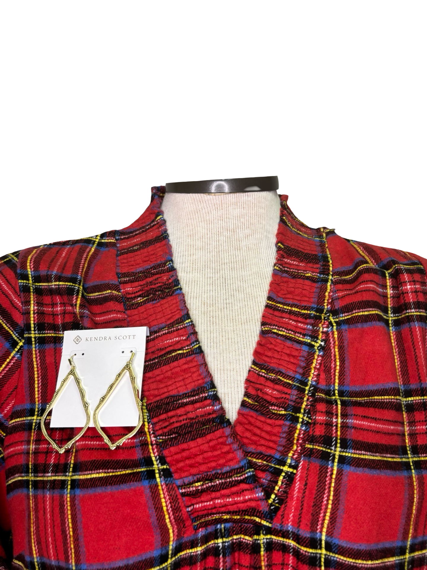 Plaid Smocked V Neck Flannel Top Red