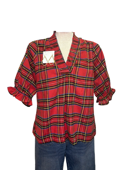 Plaid Smocked V Neck Flannel Top Red
