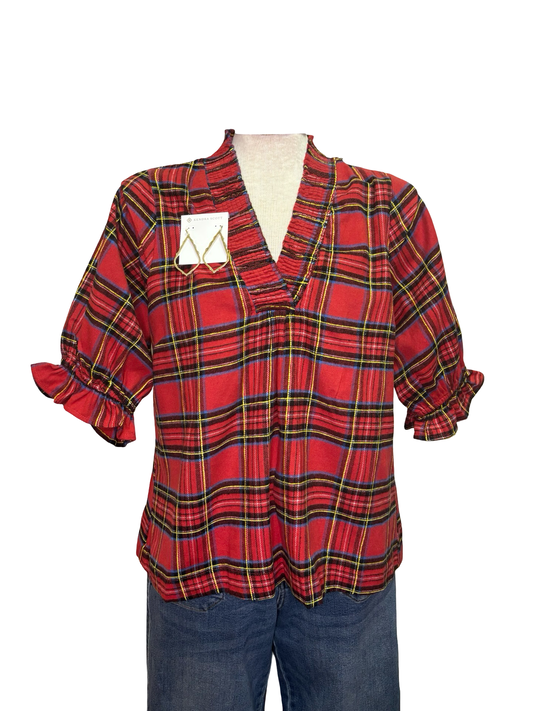 Plaid Smocked V Neck Flannel Top Red