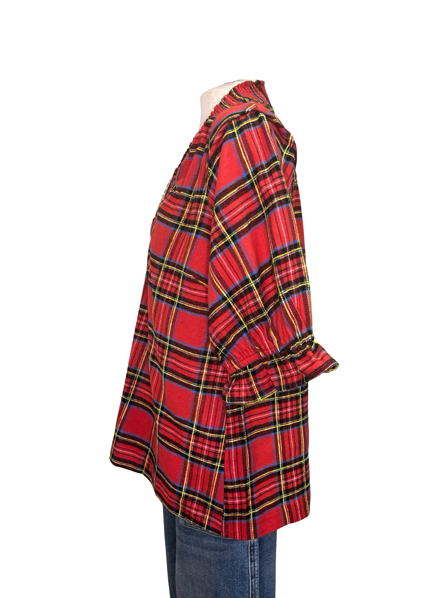 Plaid Smocked V Neck Flannel Top Red