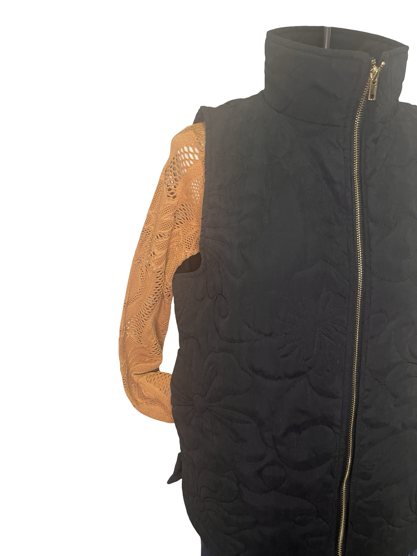 Quilted Floral Zip Vest Black