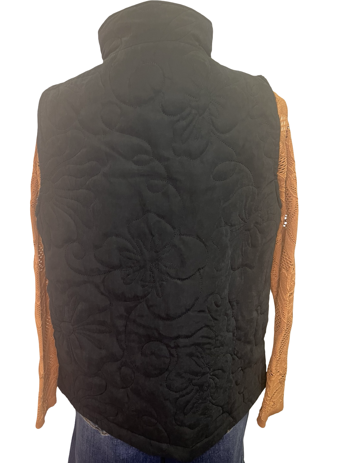 Quilted Floral Zip Vest Black