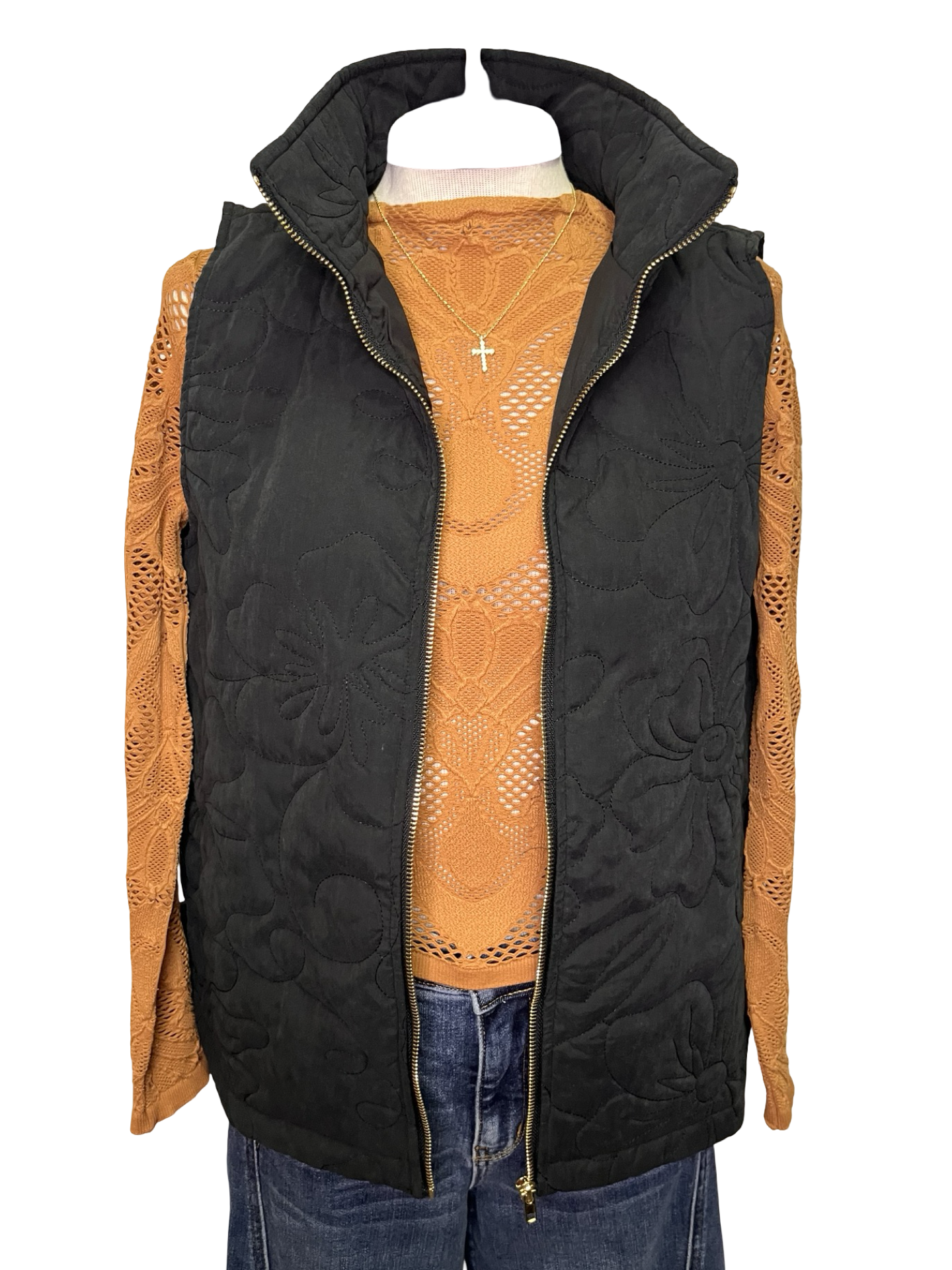 Quilted Floral Zip Vest Black