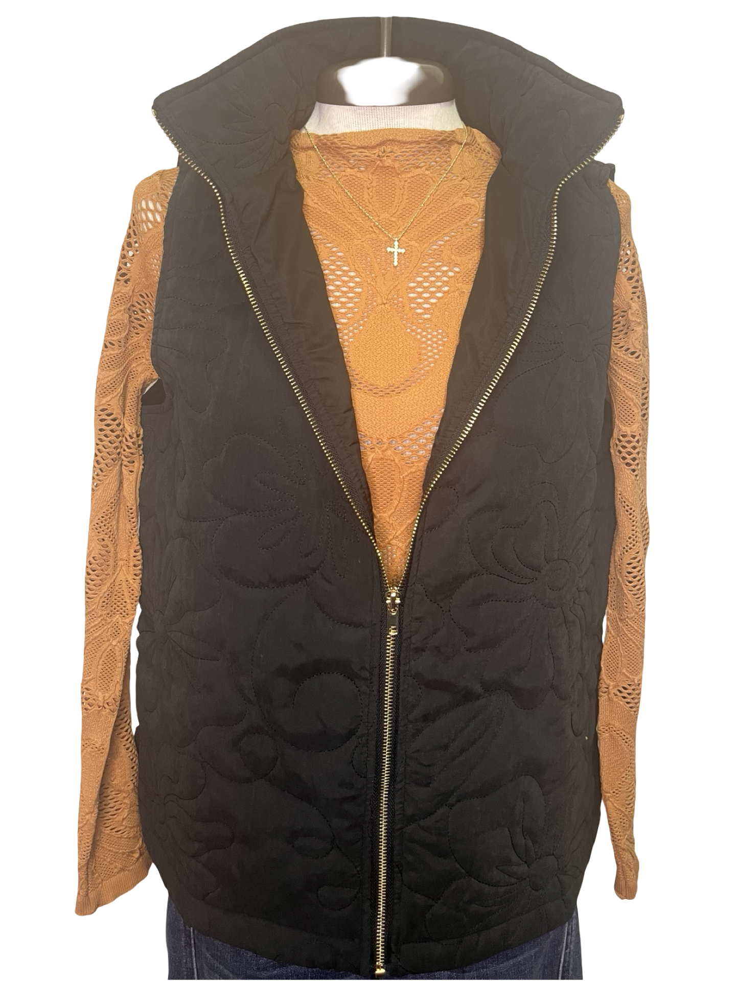 Quilted Floral Zip Vest Black