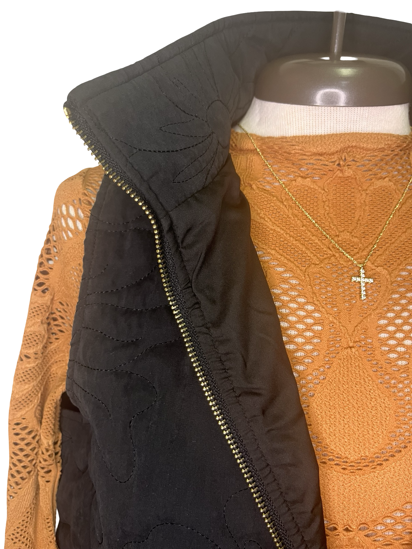 Quilted Floral Zip Vest Black