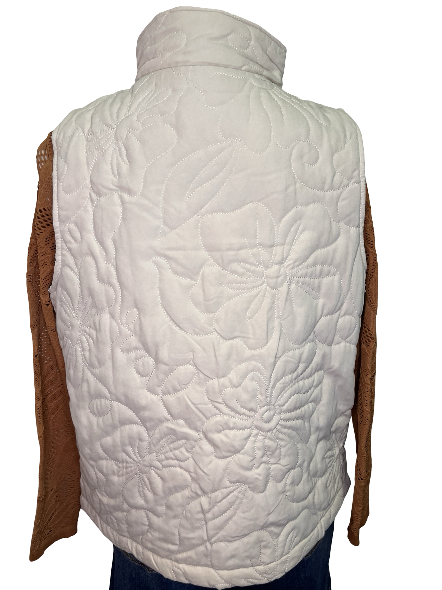 Quilted Floral Zip Vest Ecru