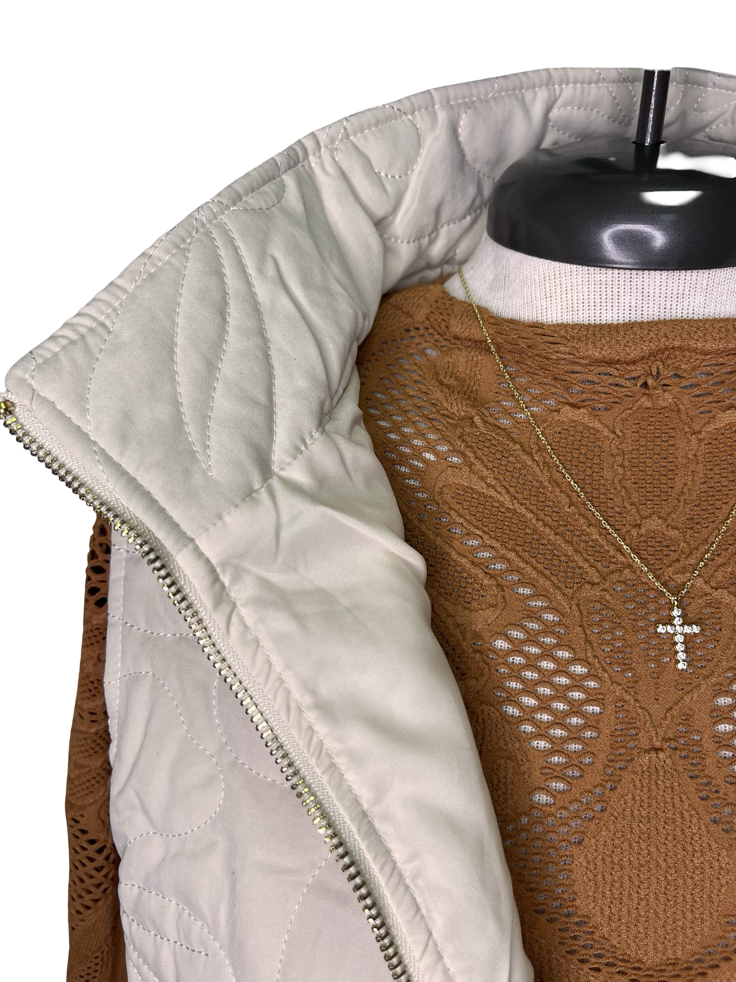 Quilted Floral Zip Vest Ecru