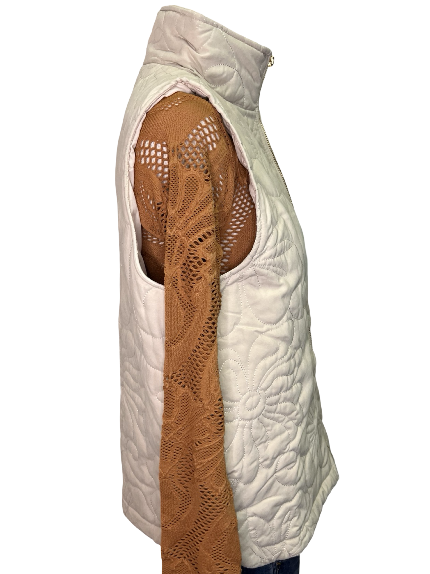 Quilted Floral Zip Vest Ecru