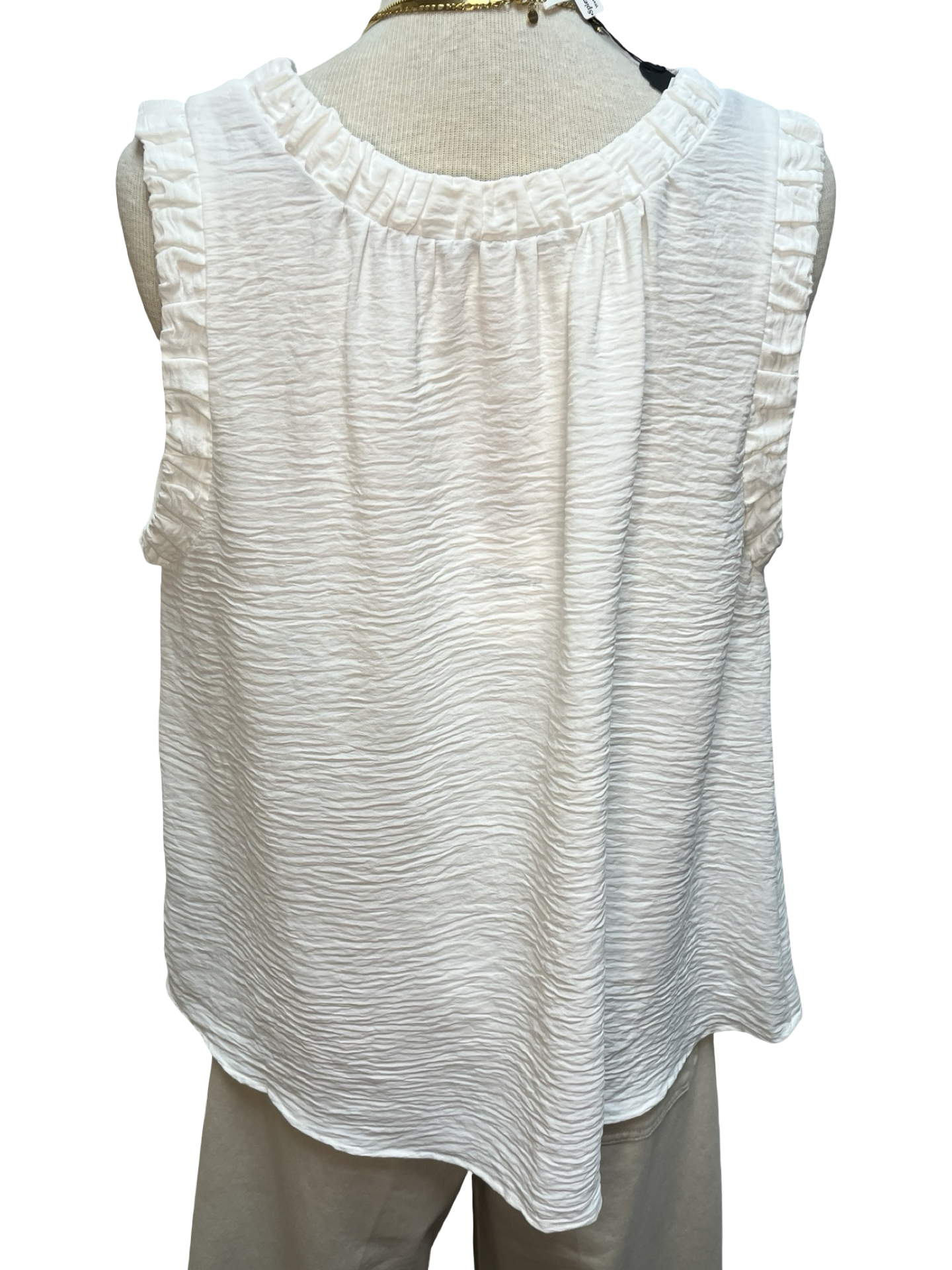 Solid Ruffle Neck Sleeveless Top Off White
