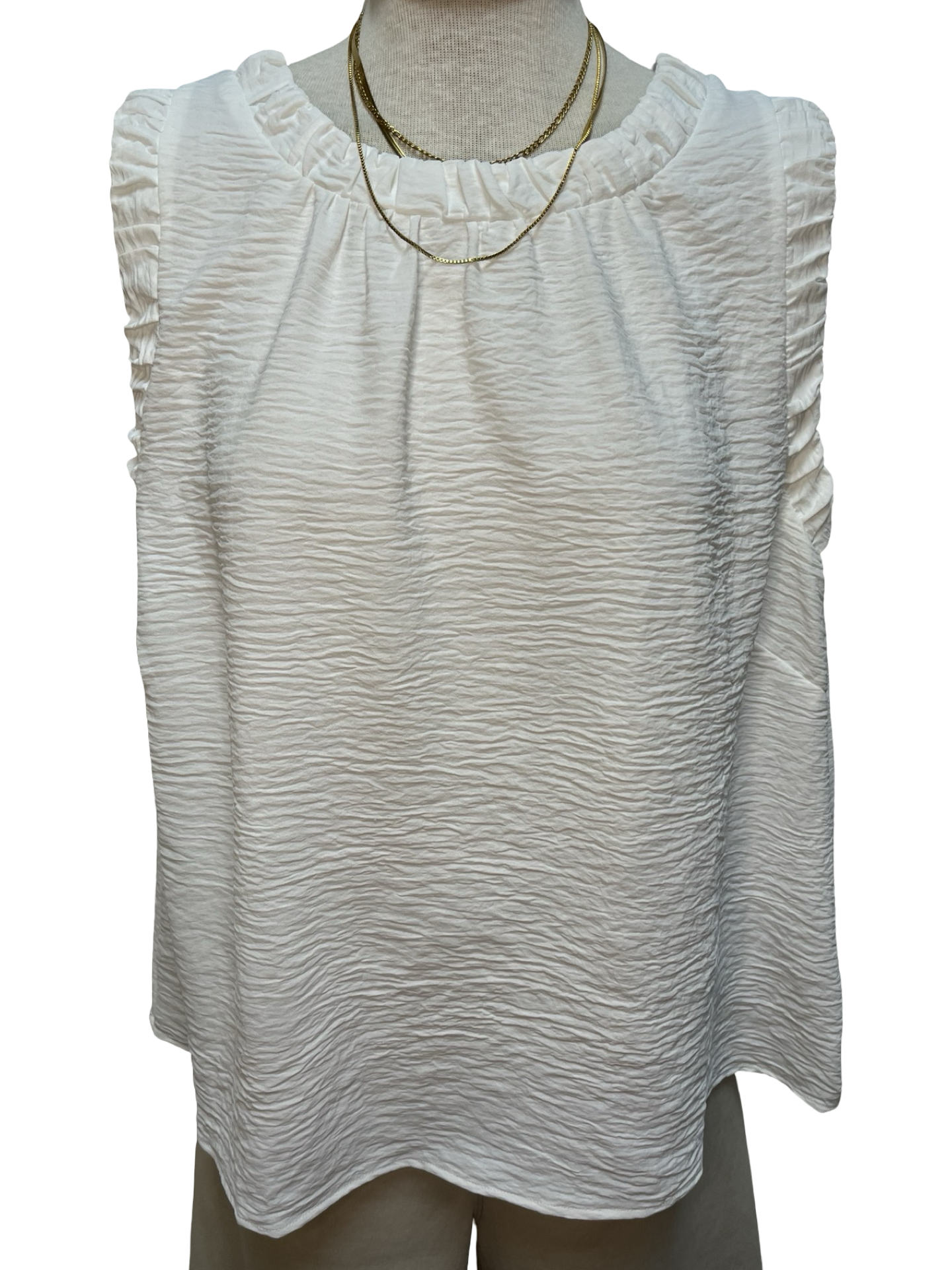 Solid Ruffle Neck Sleeveless Top Off White