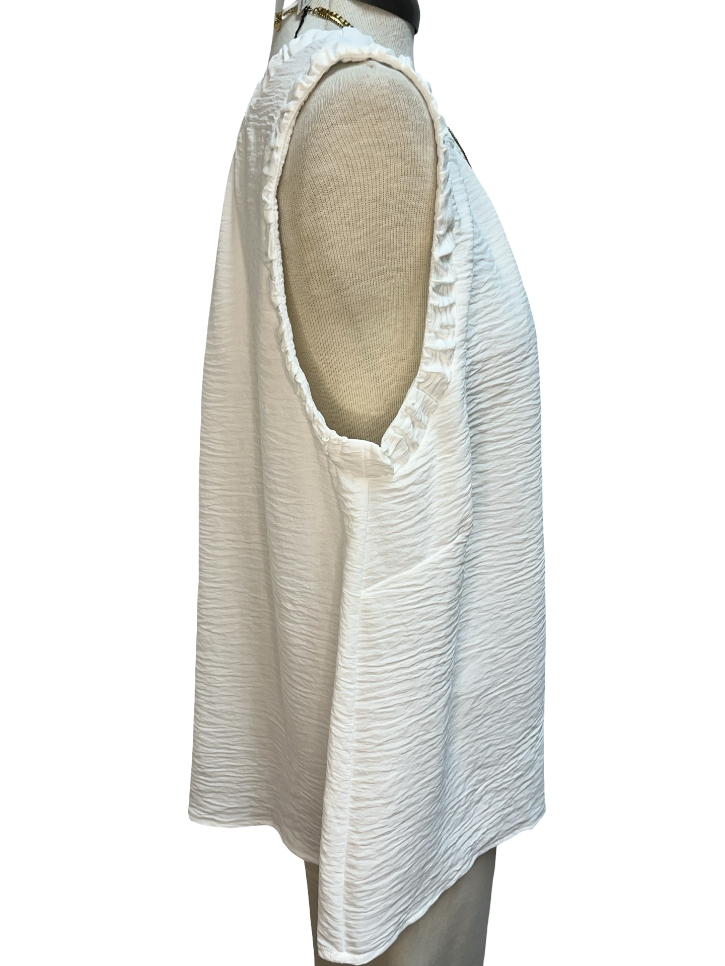 Solid Ruffle Neck Sleeveless Top Off White