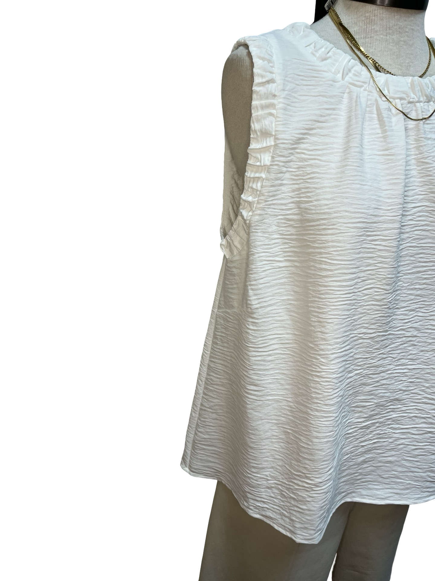Solid Ruffle Neck Sleeveless Top Off White