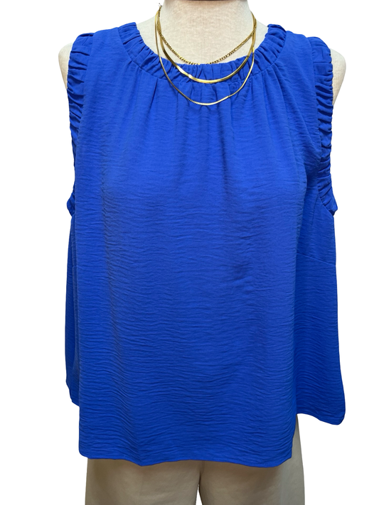 Solid Ruffle Neck Sleeveless Top Sapphire