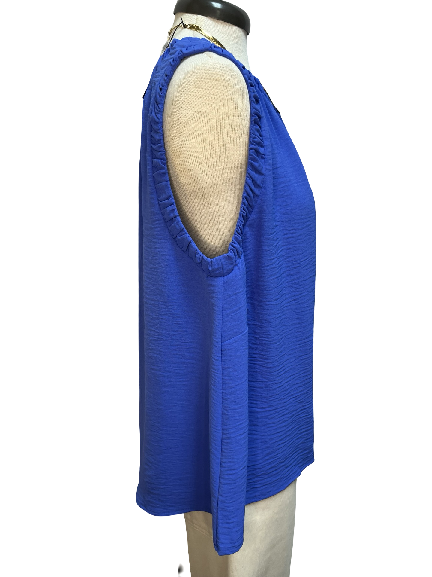 Solid Ruffle Neck Sleeveless Top Sapphire