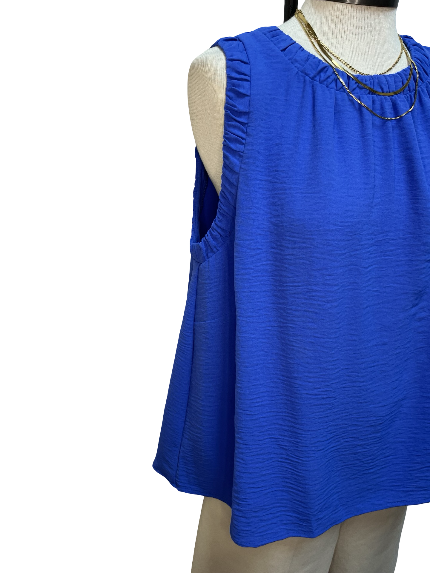 Solid Ruffle Neck Sleeveless Top Sapphire
