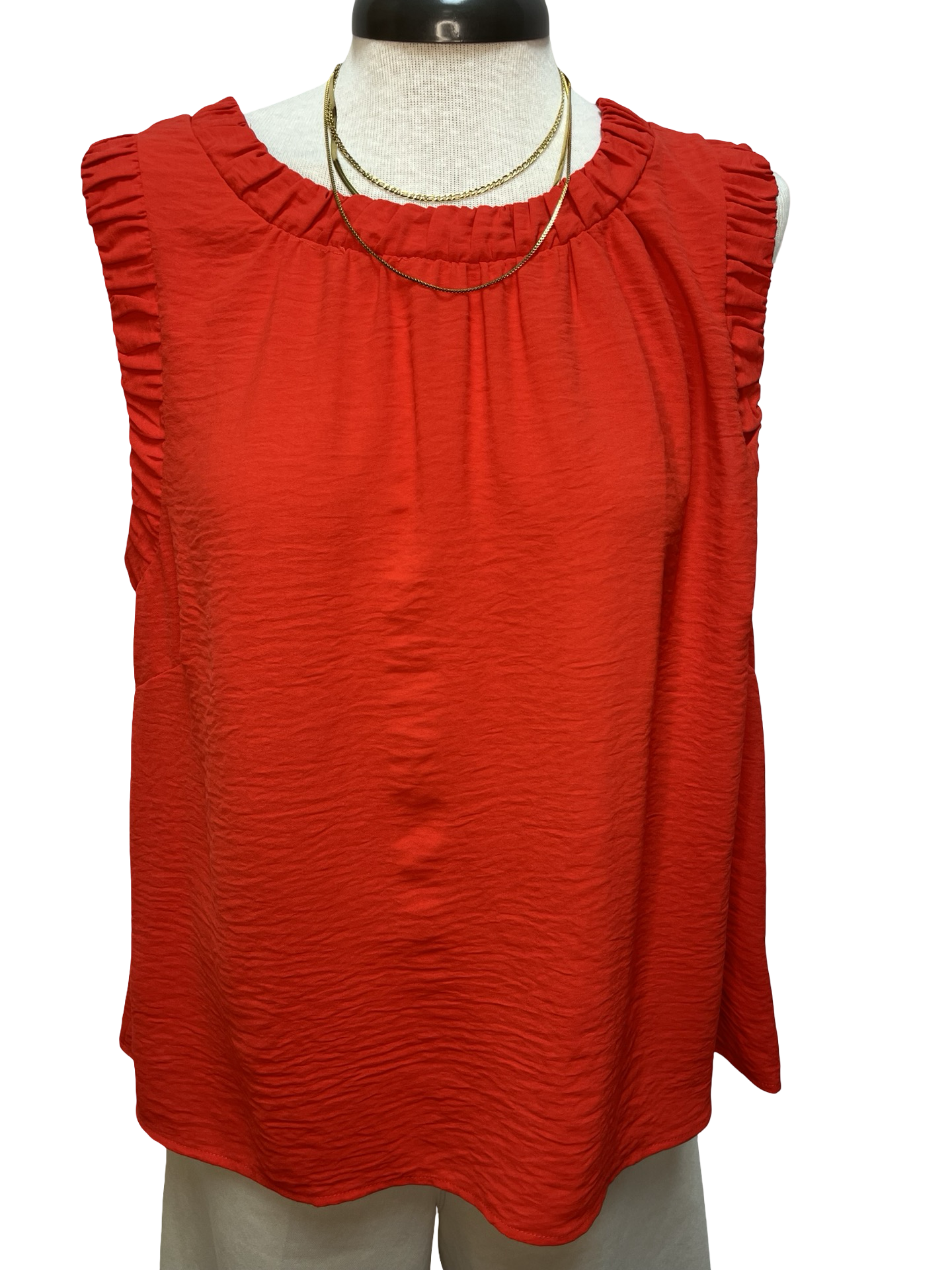Solid Ruffle Neck Sleeveless Top Tomato