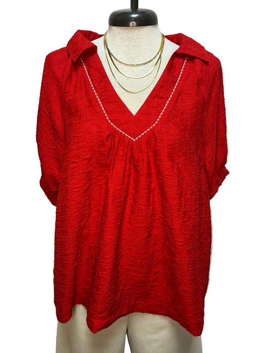 Textured V-Neck Short Sleeve Top Red