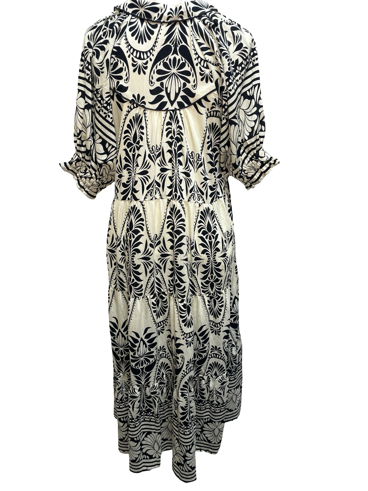 Two Tone Border Print Midi Dress Cream