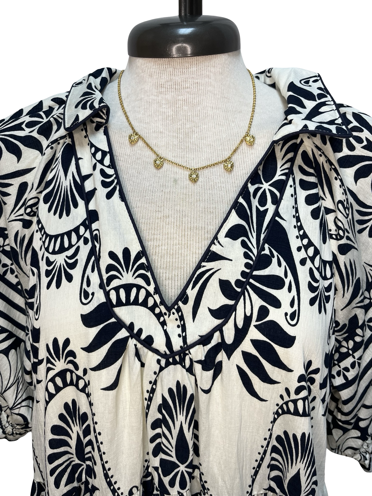 Two Tone Border Print Midi Dress Cream