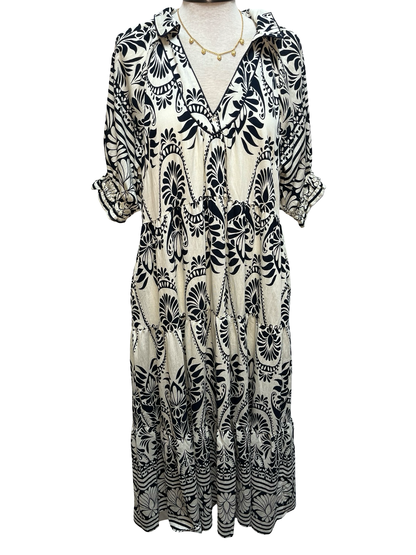 Two Tone Border Print Midi Dress Cream