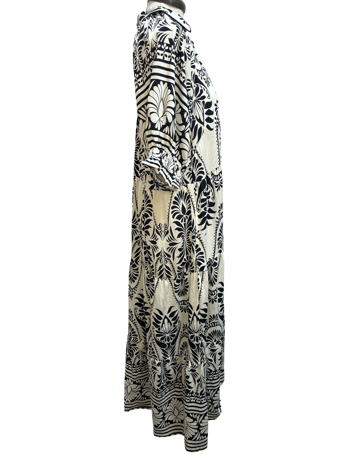 Two Tone Border Print Midi Dress Cream