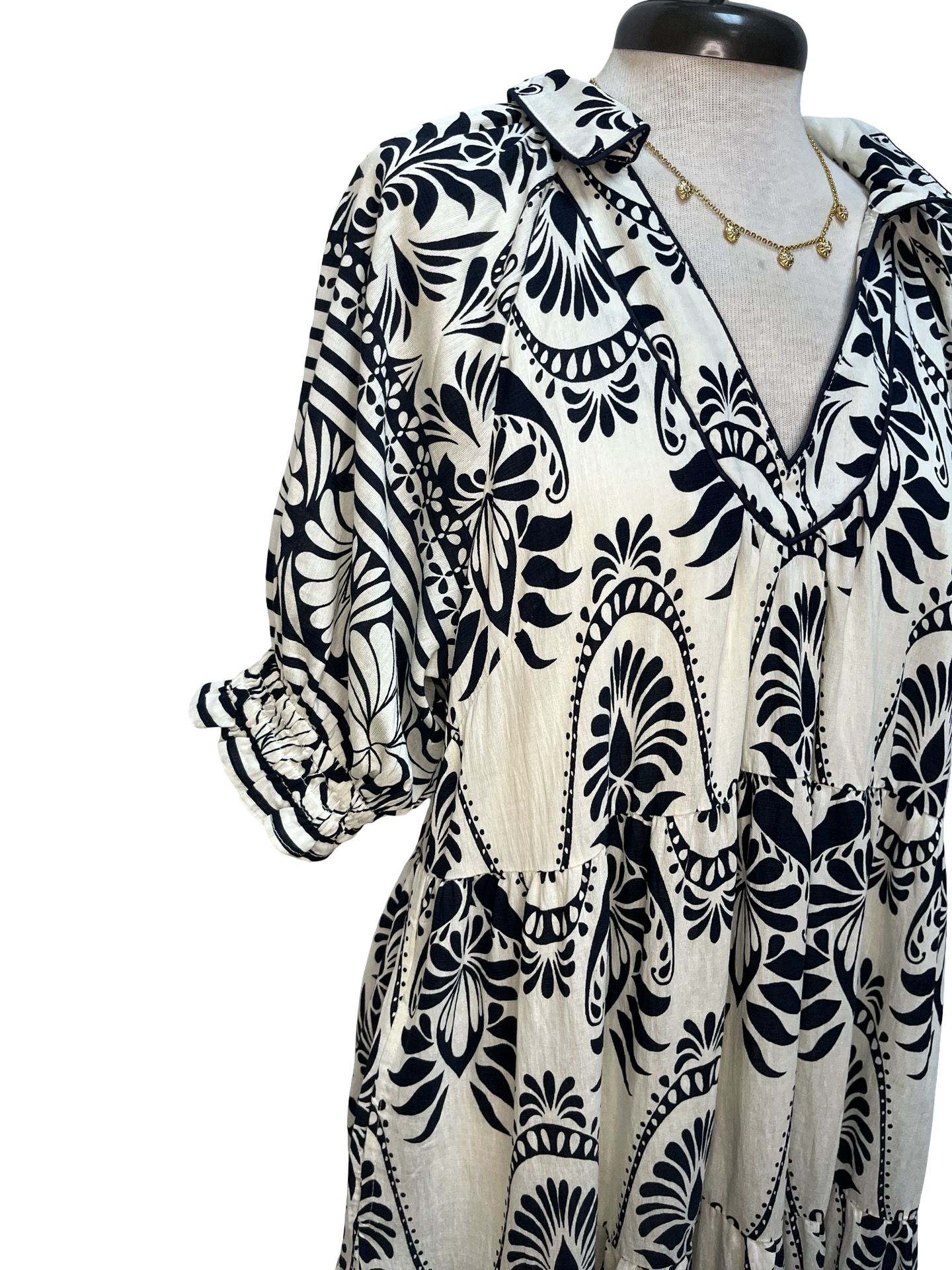 Two Tone Border Print Midi Dress Cream