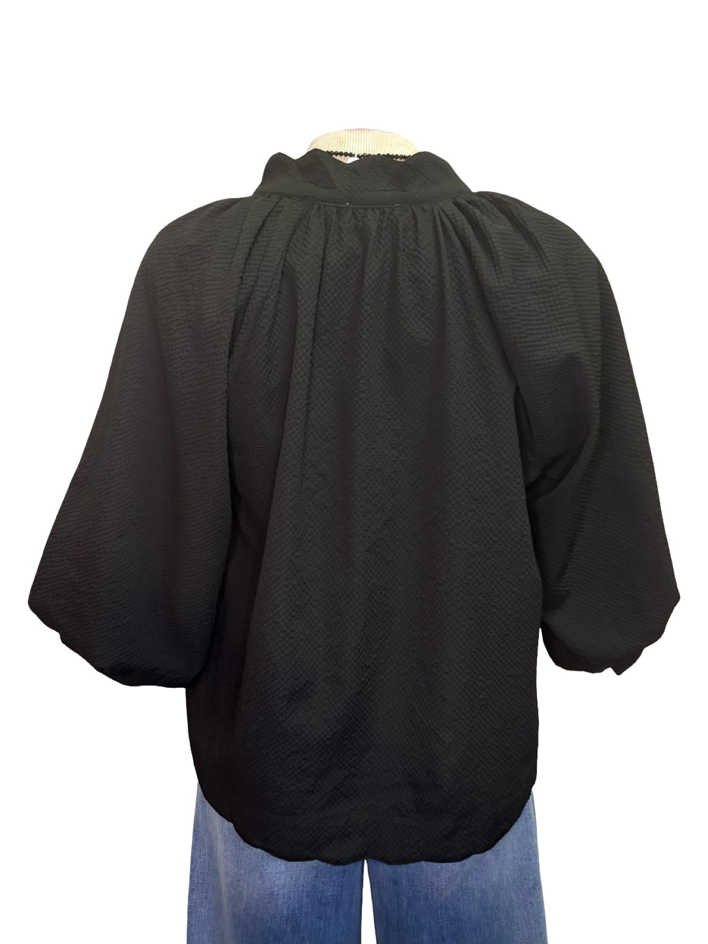 V Neck Balloon Sleeves Textured Top Chocolate