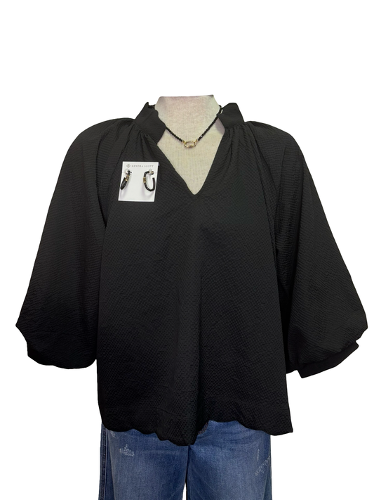 V Neck Balloon Sleeves Textured Top Black