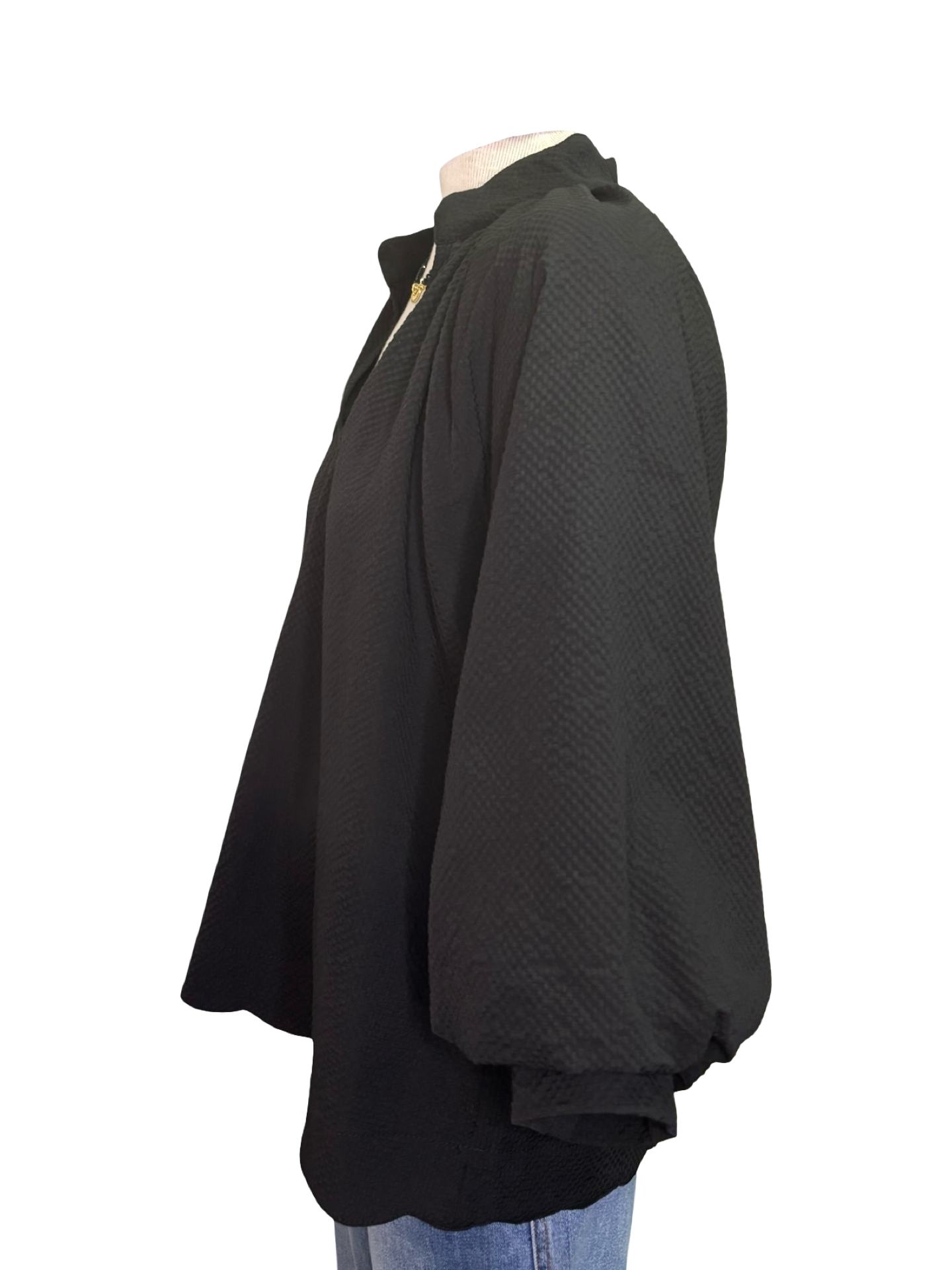 V Neck Balloon Sleeves Textured Top Black