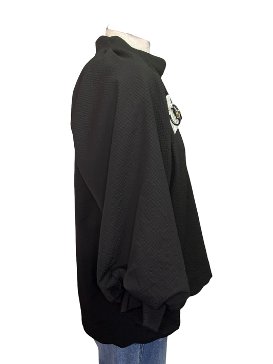 V Neck Balloon Sleeves Textured Top Black
