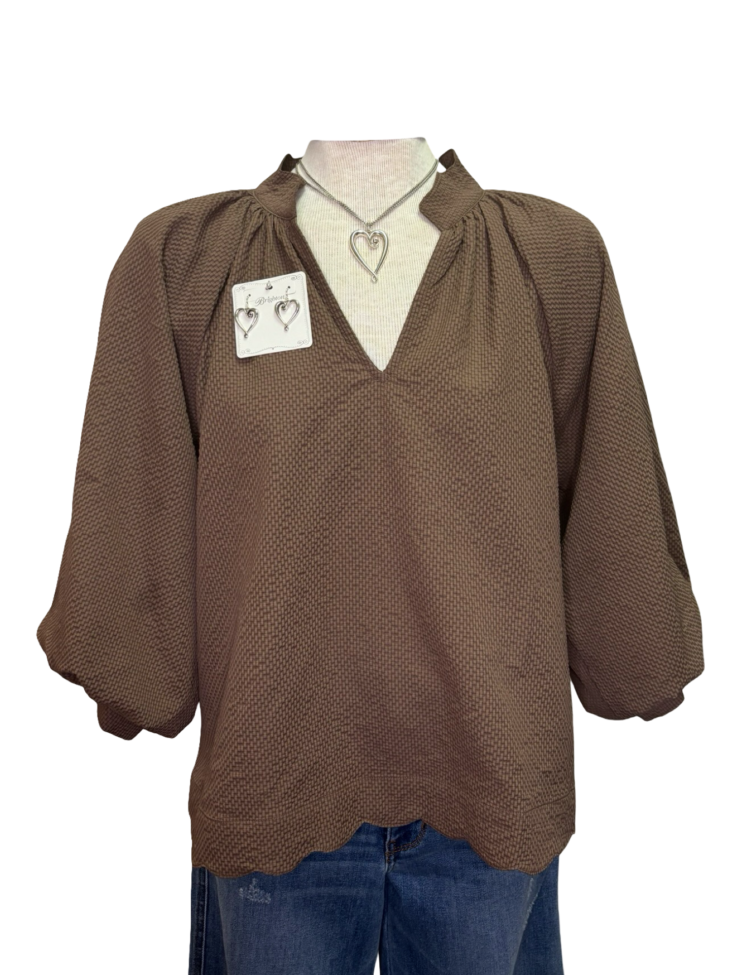 V Neck Balloon Sleeves Textured Top Chocolate