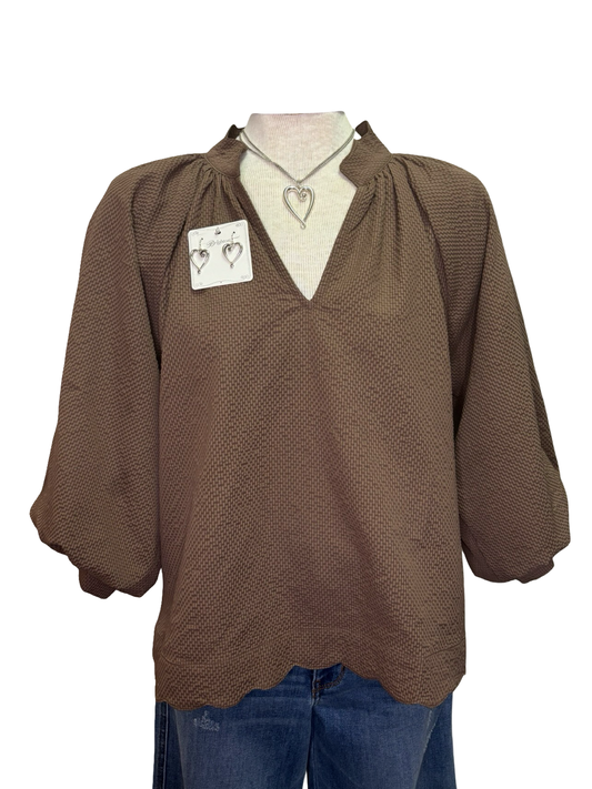 V Neck Balloon Sleeves Textured Top Chocolate