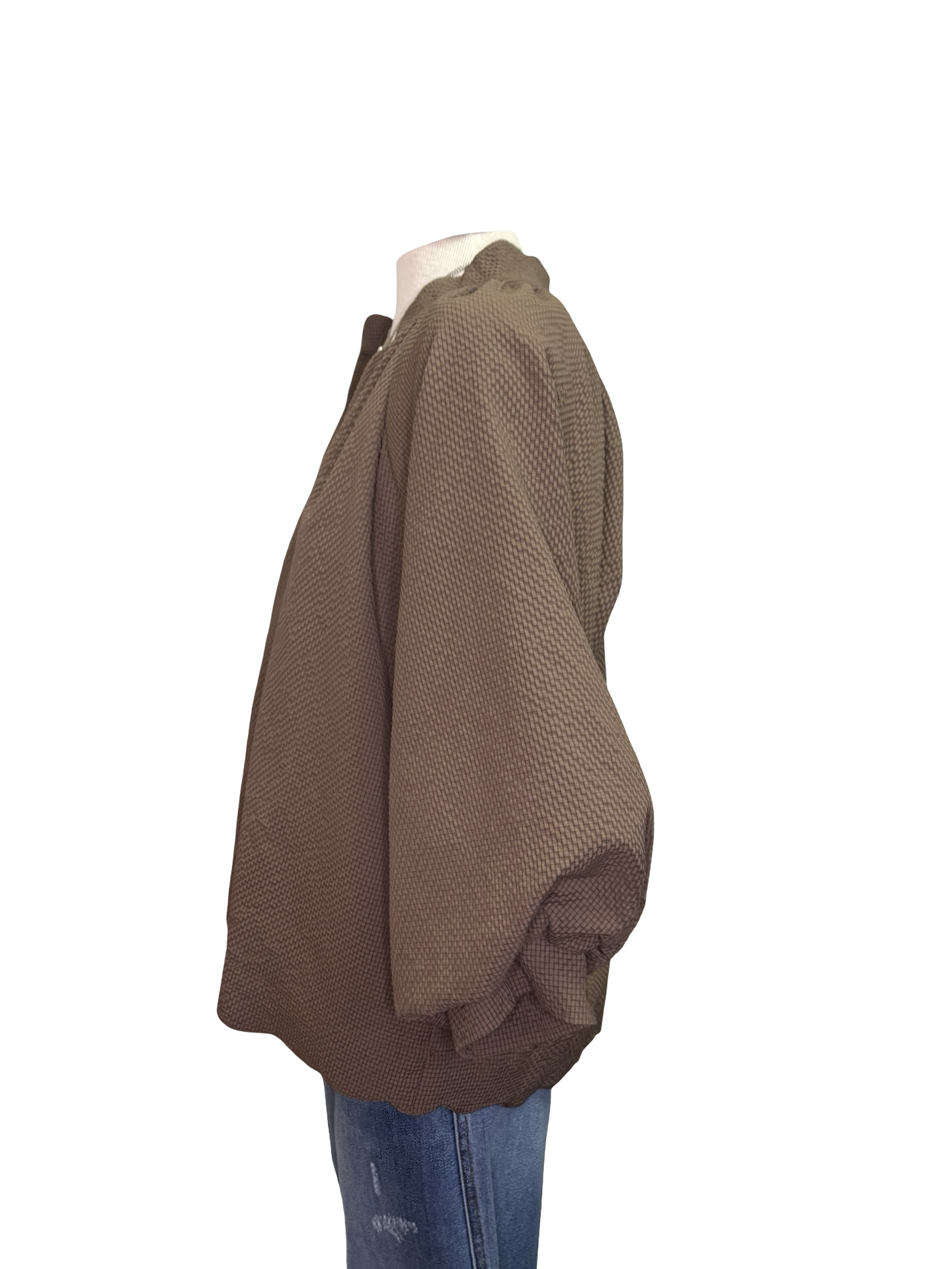 V Neck Balloon Sleeves Textured Top Chocolate