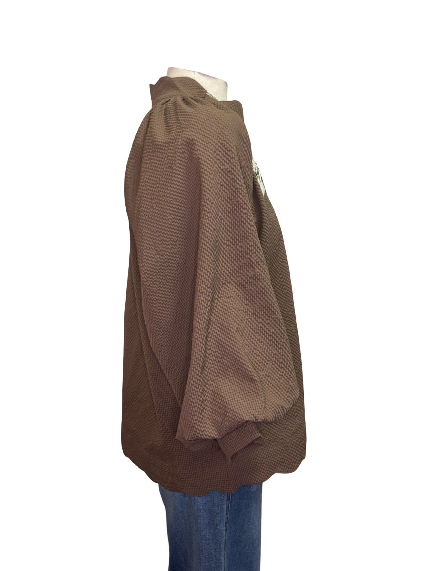 V Neck Balloon Sleeves Textured Top Chocolate
