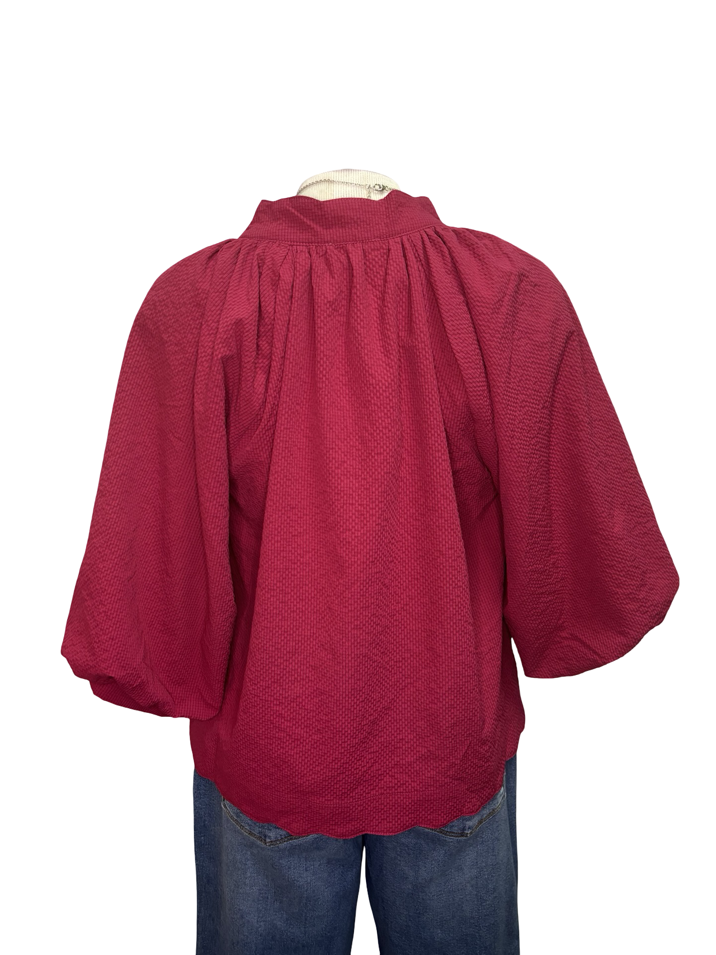 V Neck Balloon Sleeves Textured Top Crimson