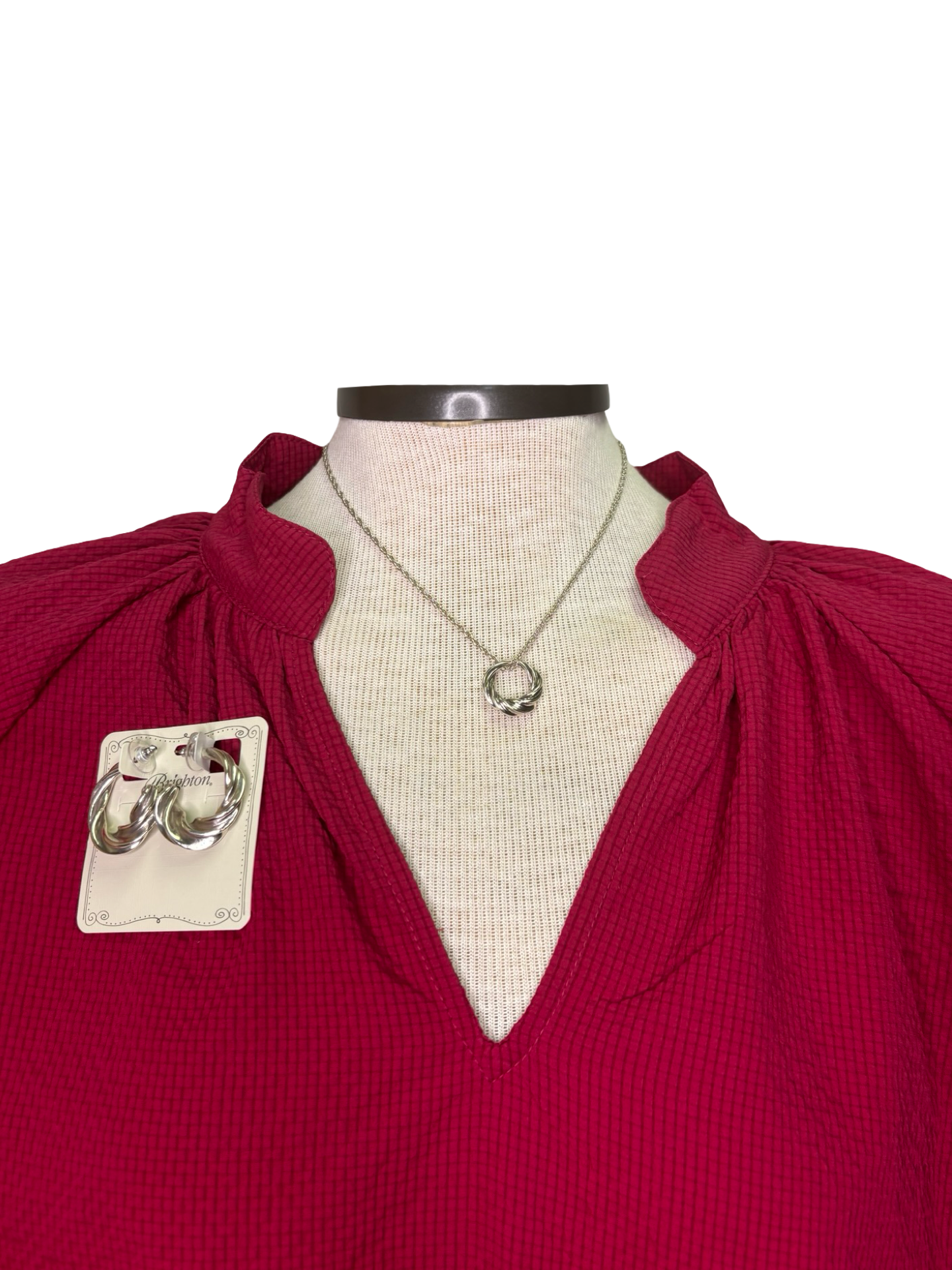 V Neck Balloon Sleeves Textured Top Crimson