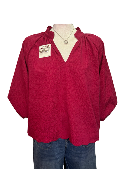 V Neck Balloon Sleeves Textured Top Crimson