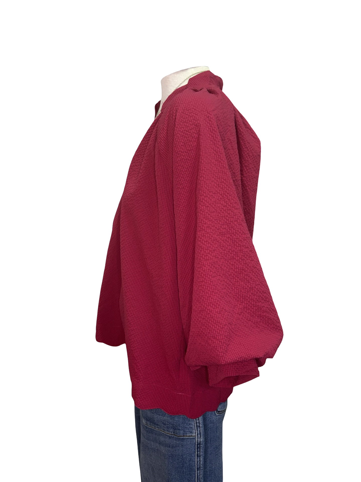 V Neck Balloon Sleeves Textured Top Crimson