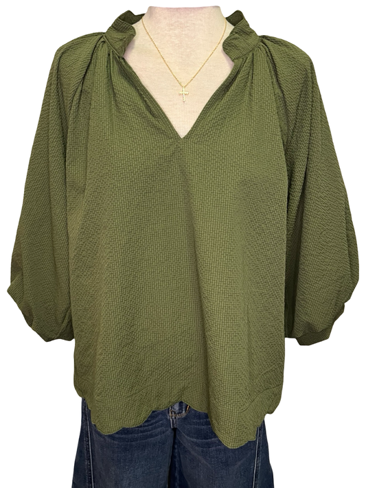 V Neck Balloon Sleeves Textured Top Olive