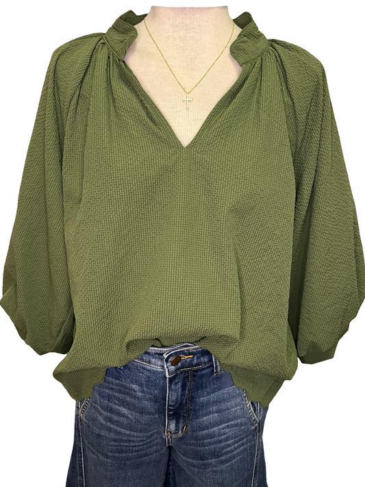 V Neck Balloon Sleeves Textured Top Olive
