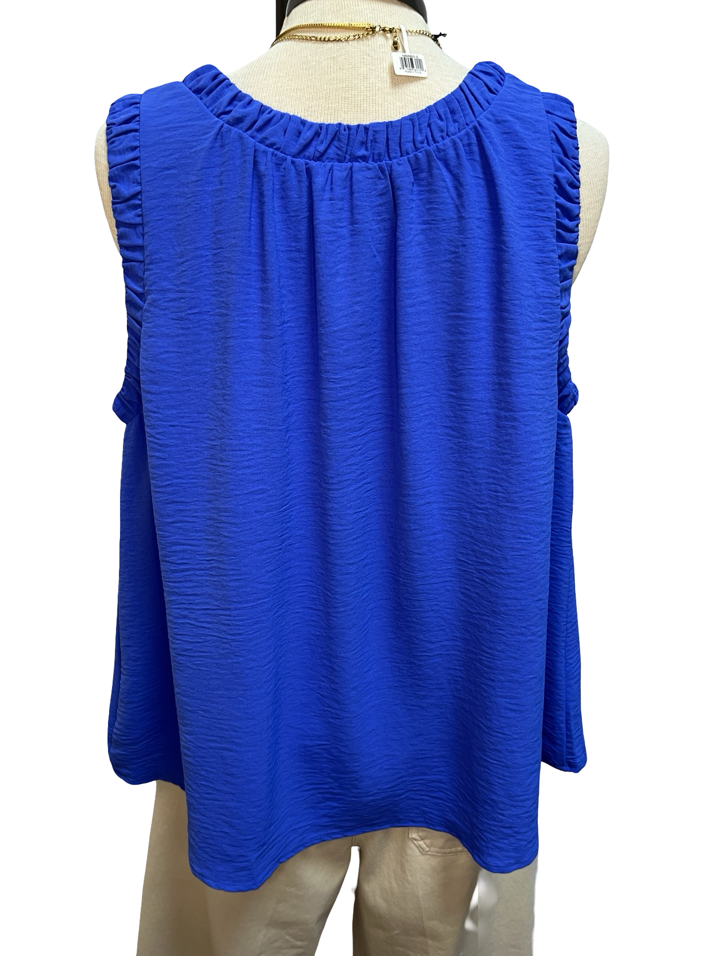 Solid Ruffle Neck Sleeveless Top Sapphire